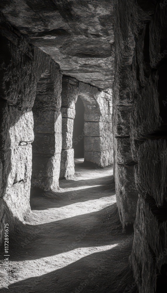 Obraz premium Sunlight streams into a mysterious stone passageway, illuminating the rough-hewn walls and arched doorways.
