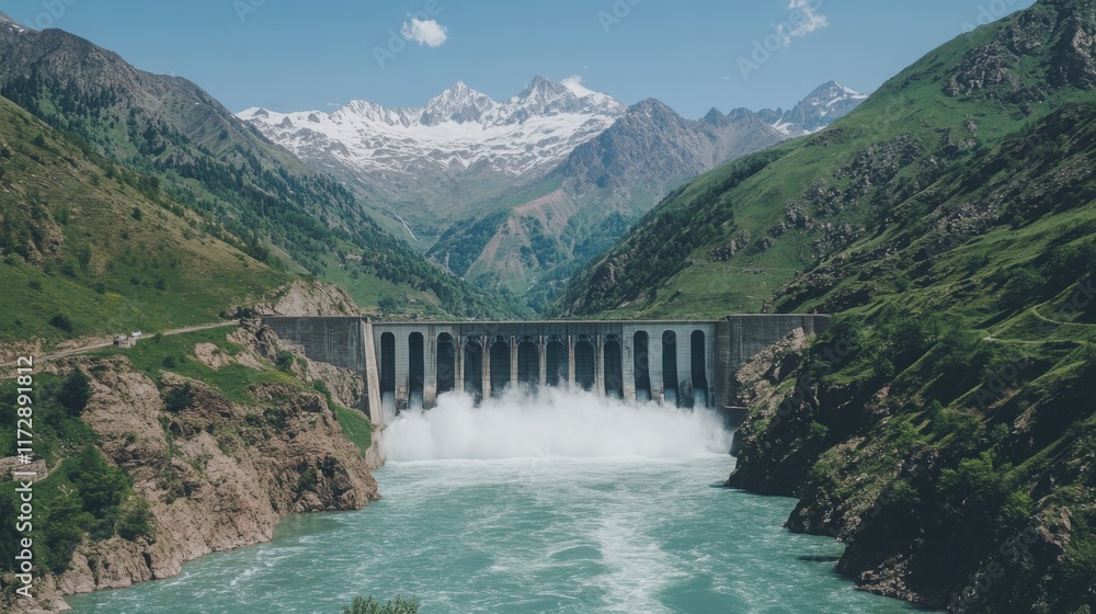 Majestic Hydroelectric Dam Surrounded by Lush Mountains and Blue Sky Majestic Hydroelectric Dam Surrounded by Lush Mountains and Blue Sky