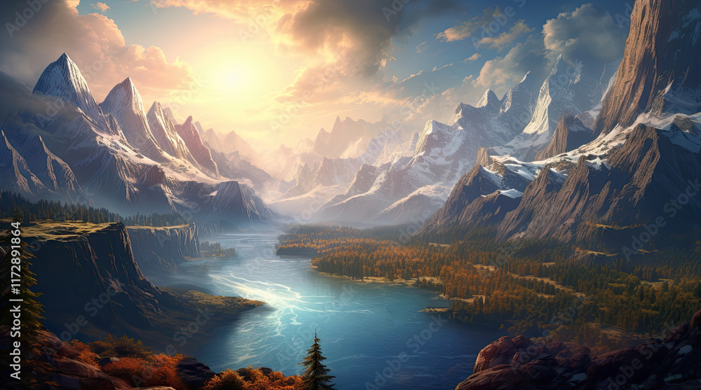 A natural landscape view with mountains and a lake in the afternoon