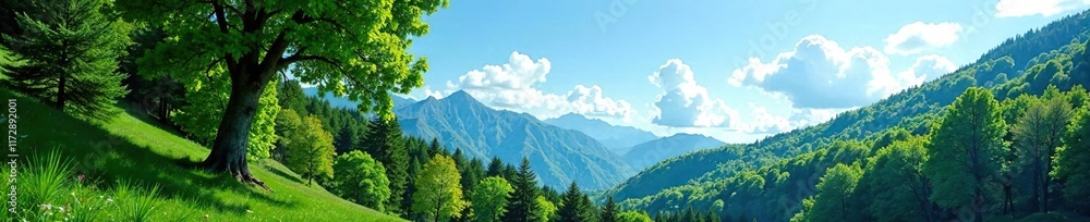 Fototapeta premium Dense foliage and towering trees against a bright blue sky, tree, green, mountain