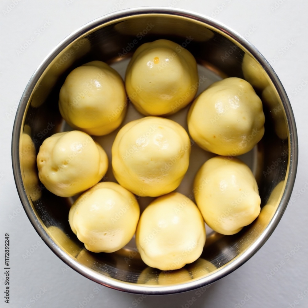 Evenly glazed dough balls in a stainless steel bowl, even, bread Evenly glazed dough balls in a stainless steel bowl, even, bread