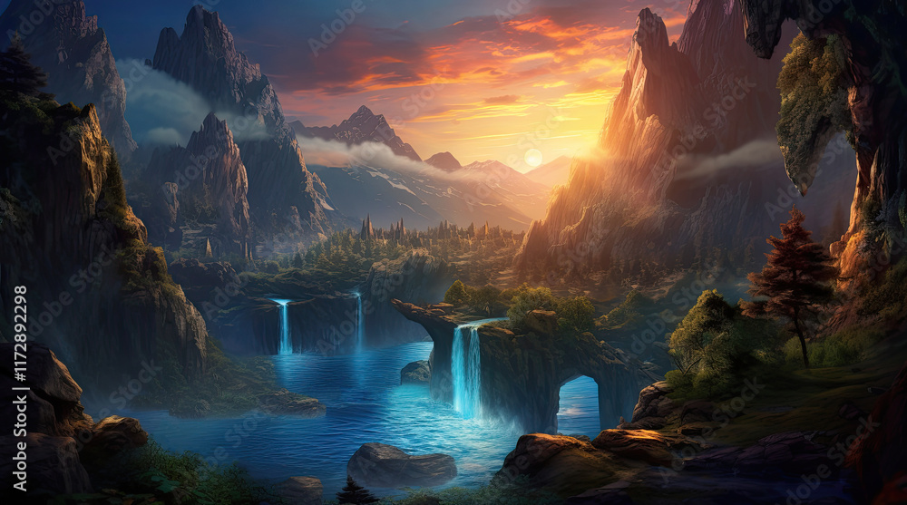 A natural landscape view with a river, waterfall, and rock mountains in the evening