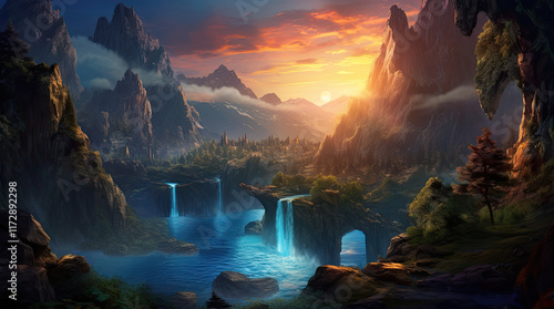 Obraz na płótnie A natural landscape view with a river, waterfall, and rock mountains in the evening w salonie