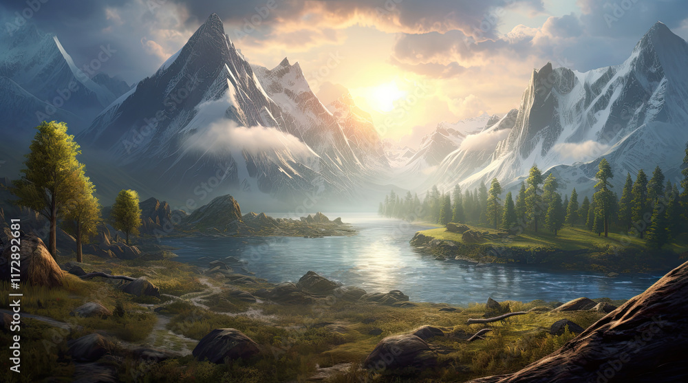 A natural landscape view with mountains and a river in the morning