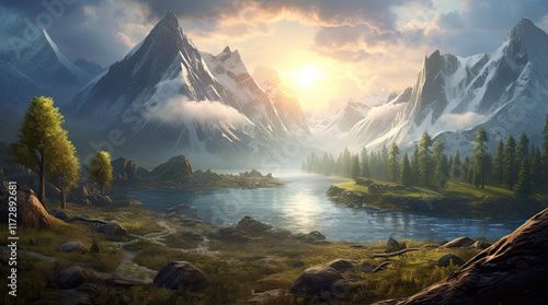 Obraz na płótnie A natural landscape view with mountains and a river in the morning w salonie