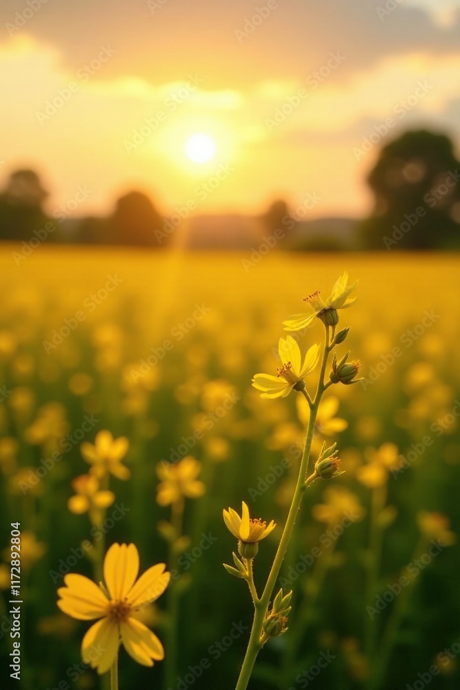 Fototapeta premium Golden light illuminates the yellow rapeseed flowers in the fading sunlight, countryside, evening, yellow