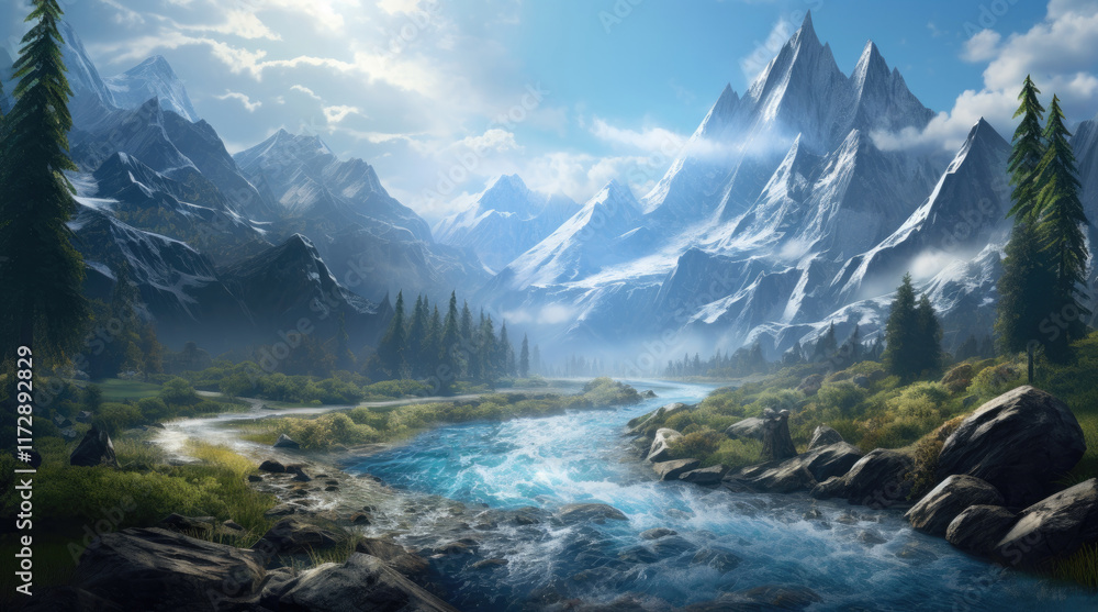 A natural landscape view with mountains and a river