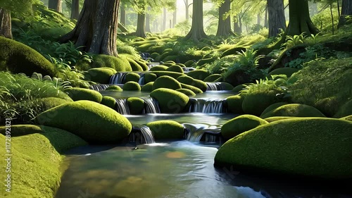 Lush Forest Stream Flowing Over Moss-Covered Rocks in a Serene and Sunlit Woodland Setting

 photo