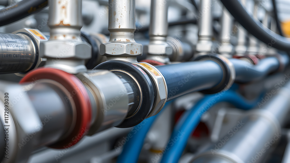 High pressure hydraulic hose system connected to steel pipes, close-up. Marine hydraulics. Generative AI High pressure hydraulic hose system connected to steel pipes, close-up. Marine hydraulics. Generative AI