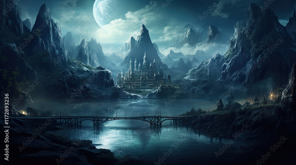 A view of a mysterious building, towering rocks, and the moon at night