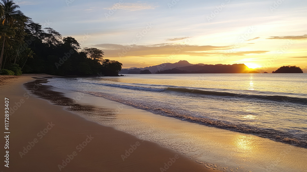 Serene Beach at Sunset with Calm Waves and Lush Palm Trees Serene Beach at Sunset with Calm Waves and Lush Palm Trees