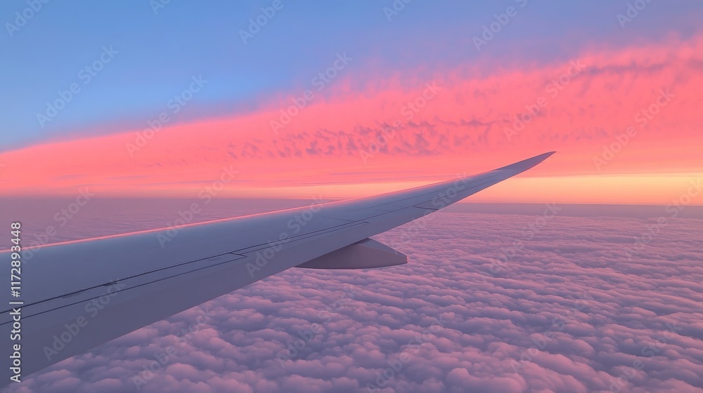 Obraz premium Serene Sunset View from Airplane Wing Over Soft Cloud Cover