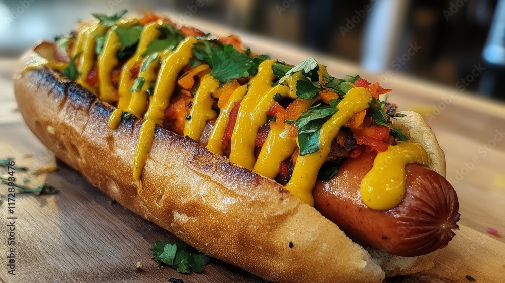 The isolated fast food cooked sausage of hot dog in sliced bun with yellow mustard icon The isolated fast food cooked sausage of hot dog in sliced bun with yellow mustard icon