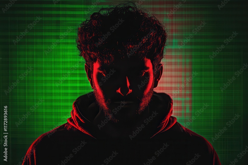 Intense portrait of a man, dramatically lit against a grid background. Mysterious and captivating. Intense portrait of a man, dramatically lit against a grid background. Mysterious and captivating.