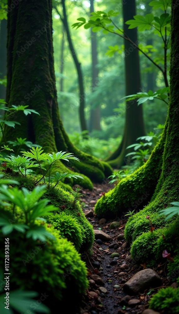 Dense forest foliage Pilea microphylla plants and wild moss overgrown with ferns, forest floor, wild Dense forest foliage Pilea microphylla plants and wild moss overgrown with ferns, forest floor, wild