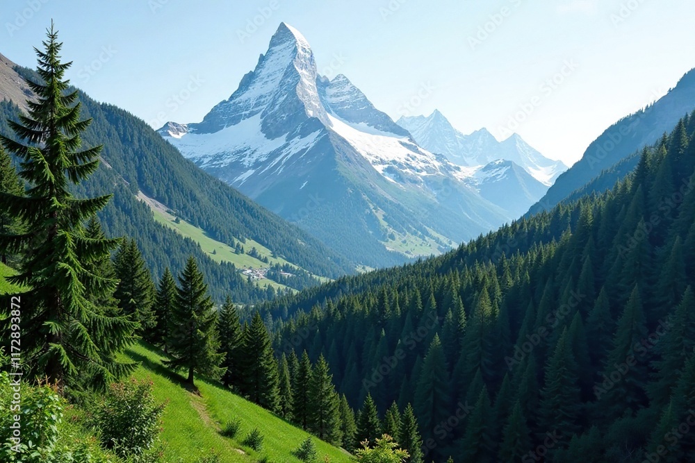 Fototapeta premium Dense forest surrounds the snow-capped mountain's gentle slope, landscape, scenery, foliage
