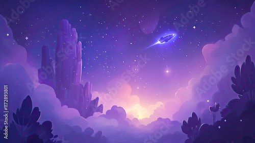 Surreal Cosmic Landscape with Spaceship and Vibrant Nebula Colors