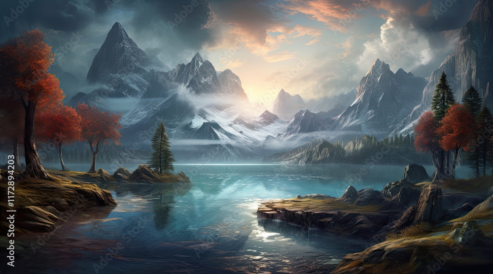 A natural landscape view with a river and rock mountains