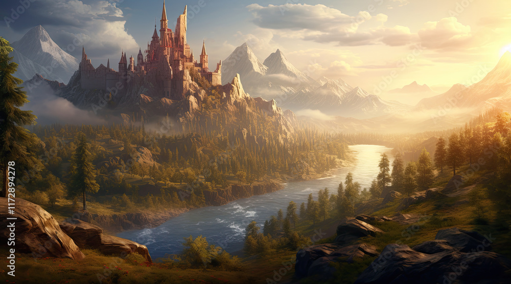 A natural landscape view with an ancient building, forest, and mountains in the afternoon