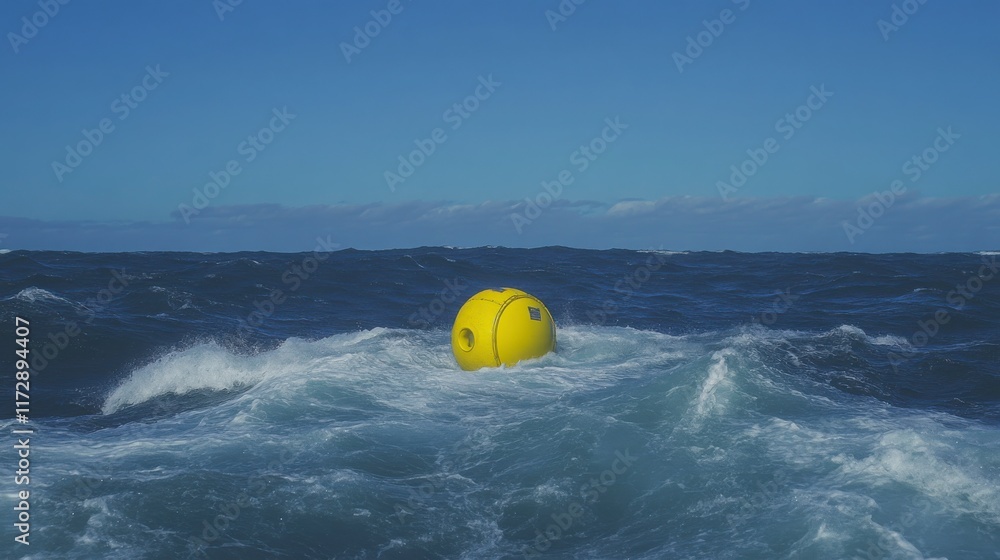 Naklejka premium Bright Yellow Buoy in Turbulent Ocean Waves Under Clear Blue Sky