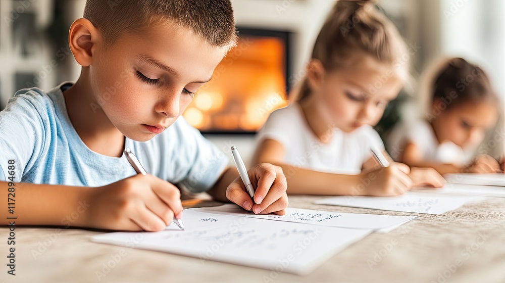 Children engaged in writing or drawing activities at a table with a cozy background. Children engaged in writing or drawing activities at a table with a cozy background.