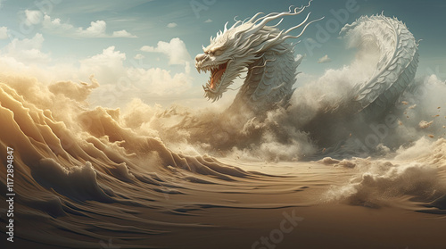 Obraz na płótnie An illustration of a giant dragon in the desert w salonie