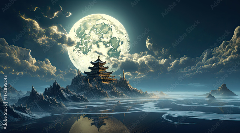 A view of an ancient Chinese building with a supermoon at night