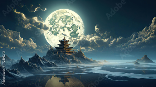 Obraz na płótnie A view of an ancient Chinese building with a supermoon at night w salonie