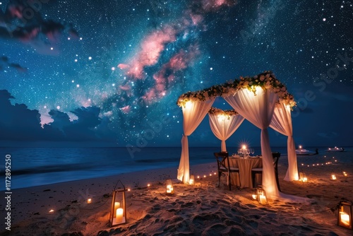 Fototapeta Naklejka Na Ścianę i Meble -  Amazing beach dinner setting under Milky Ways night sky. Luxury destination dining, honeymoon or anniversary dinner, flowers, and candles for the best romantic experience. MZ
