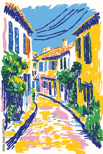 Vibrant village scene with yellow buildings and blue sky.