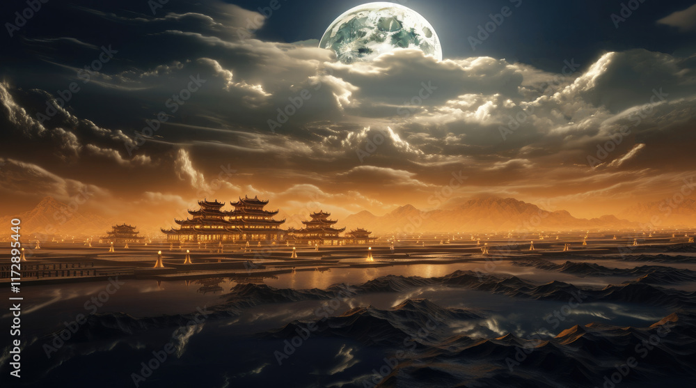 A natural landscape view with ancient Chinese buildings and a supermoon