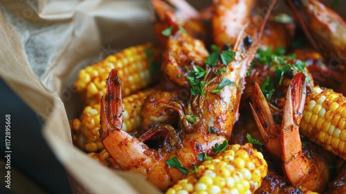 A seafood bucket filled with spicy Cajun-style shrimp and corn, perfect for sharing.