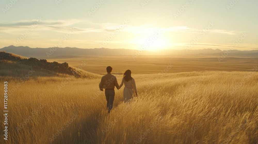 Couple holding hands, walking away into sunset over grassy field. Couple holding hands, walking away into sunset over grassy field.