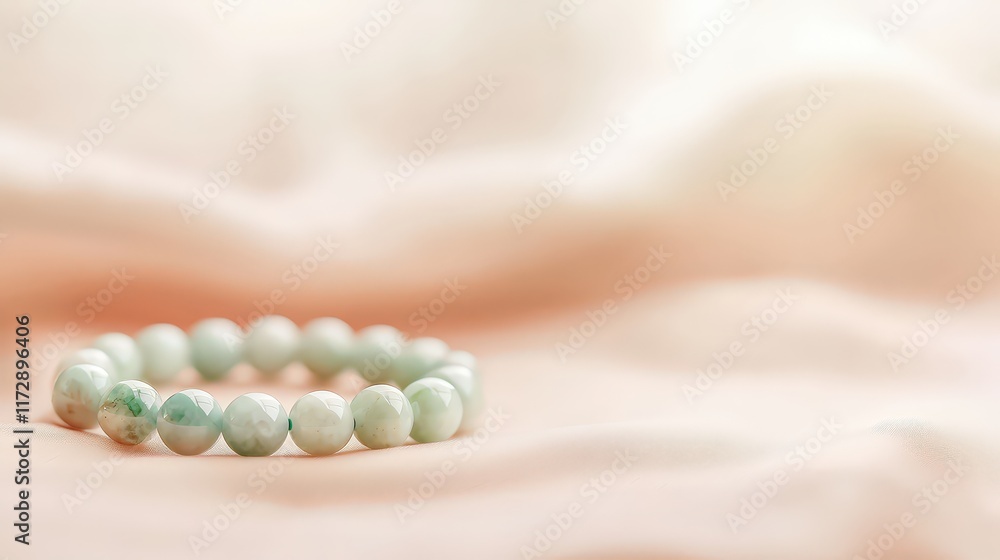 Jade bracelet placed on a silk cushion, soft beige backdrop Jade bracelet placed on a silk cushion, soft beige backdrop