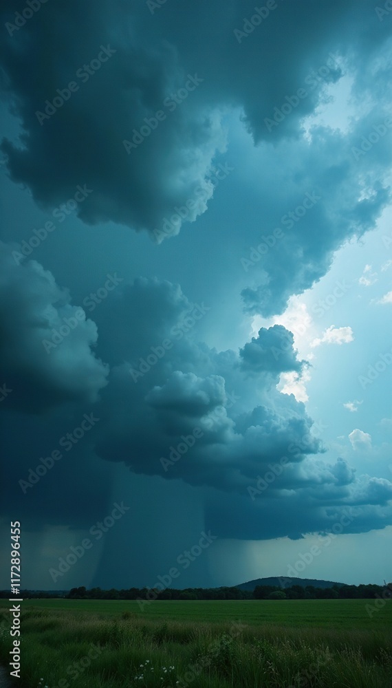 Stormy sky with grey clouds gathering in the distance, thunderstorm, heavy rain, landscape