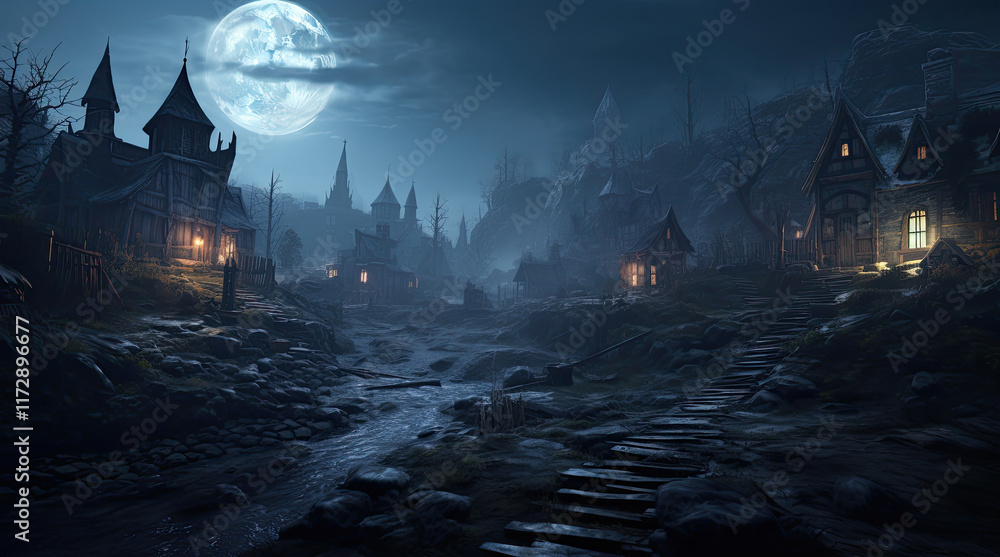 A view of houses in the countryside with the moon at night