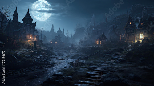 Obraz na płótnie A view of houses in the countryside with the moon at night w salonie