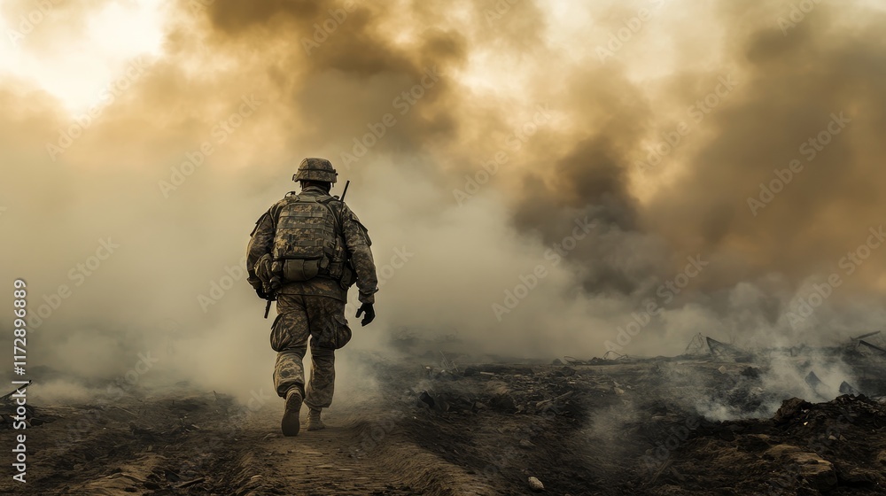 The brutality of war is a tough one to illustrate. This illustration depicts a soldier with a heavy uniform walking though a thick layer of fog and smoke. The brutality of war is a tough one to illustrate. This illustration depicts a soldier with a heavy uniform walking though a thick layer of fog and smoke.