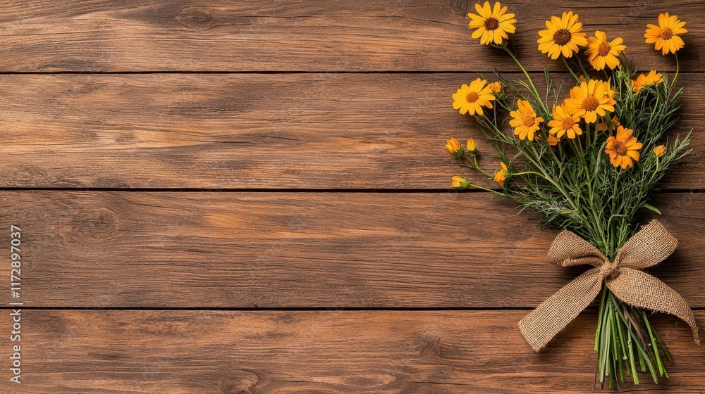 A photostock of a beautiful bouquet of wildflowers tied with a burlap ribbon, placed on a wooden table, symbolizing rustic charm and natural beauty. High Quality