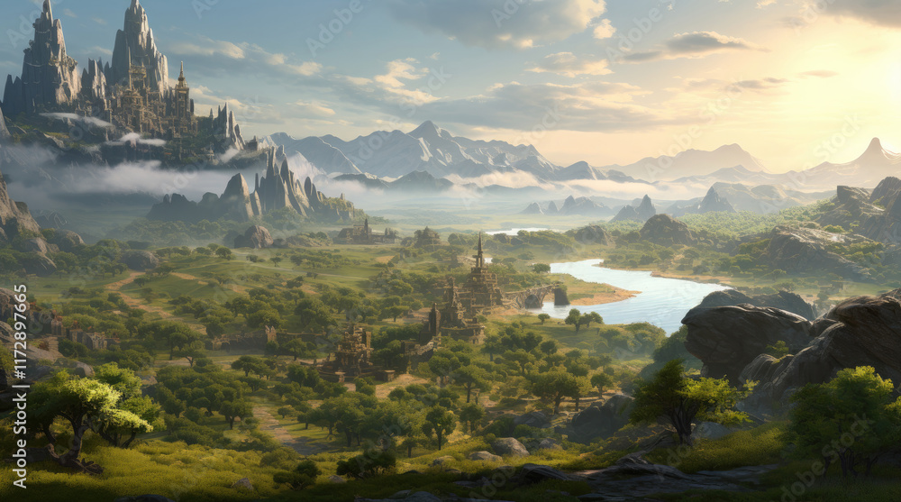 A natural landscape view with an ancient building, a large pond, and mountains in the morning.