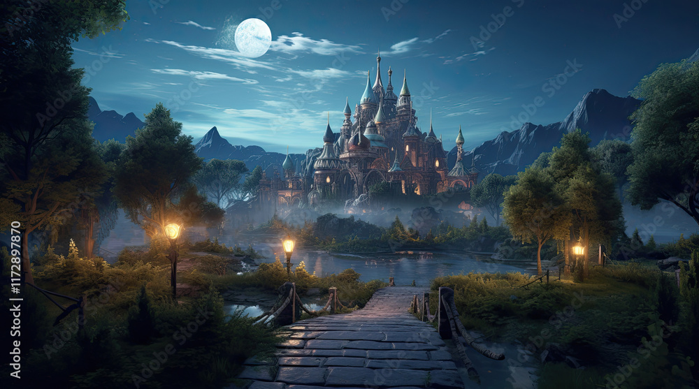 A view of an ancient building, a river, and the moon at night