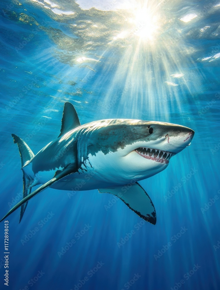 Fototapeta premium A stunning underwater view captures a great white shark gliding gracefully through crystal-clear waters, illuminated by radiant sunbeams breaking through the ocean's surface.