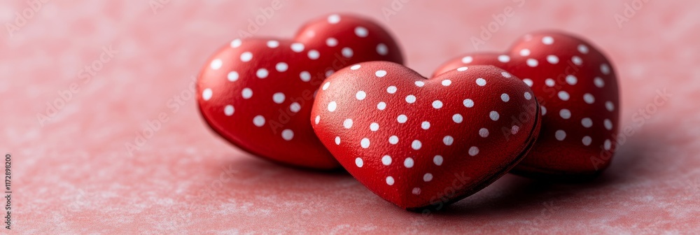 Three Red Heart-shaped Valentines Fancy Candies with White Polka Dots Over Red Textured Background Three Red Heart-shaped Valentines Fancy Candies with White Polka Dots Over Red Textured Background