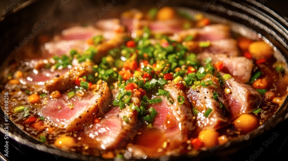 A shabu pork pan close-up showing pork slices cooking in rich broth with vibrant vegetables floating on the surface.