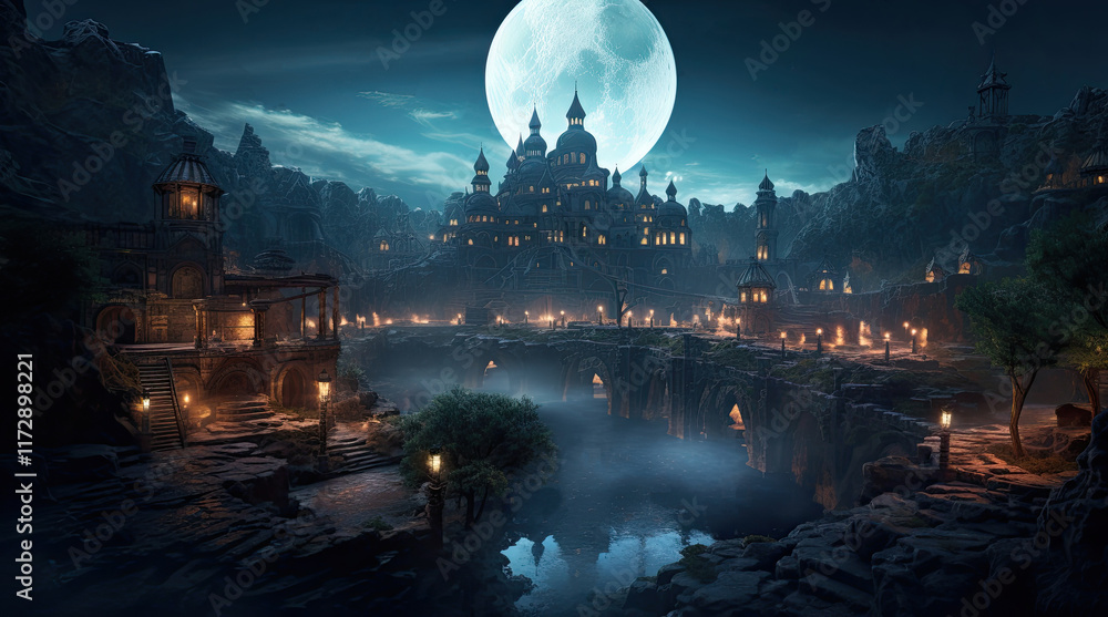A view of ancient buildings, a river, and a supermoon at night