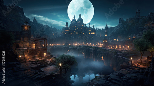 Obraz na płótnie A view of ancient buildings, a river, and a supermoon at night w salonie