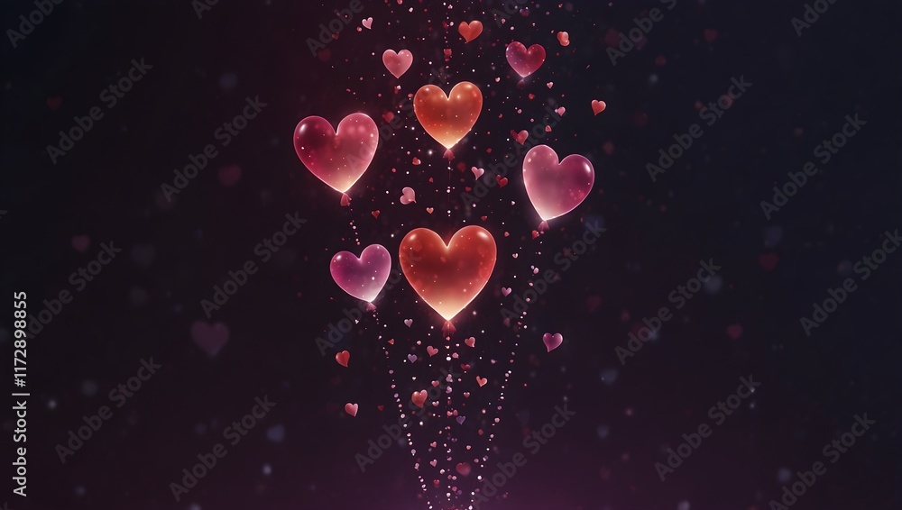 This image displays floating heart shapes in shades of pink and red against a dark background. This image displays floating heart shapes in shades of pink and red against a dark background.