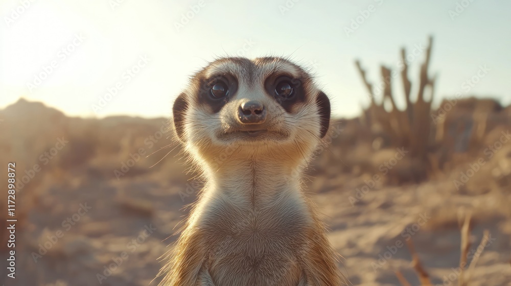 A close-up of a meerkat in a desert landscape, showcasing its curious expression. A close-up of a meerkat in a desert landscape, showcasing its curious expression.