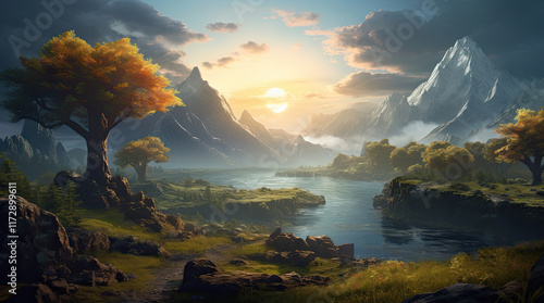A natural landscape view with a river and mountains in the morning