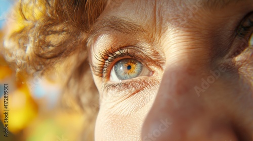 Close-up Portrait of a Senior Woman s Eye with Wrinkles and Sunspots , Beauty in Aging. photo